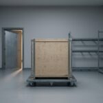 An empty grey art storage vault with bare steel racking, a single sealed plywood travelling crate on a low steel dolly in the centre, and a heavy security door ajar at the left spilling warm corridor light across the concrete floor.
