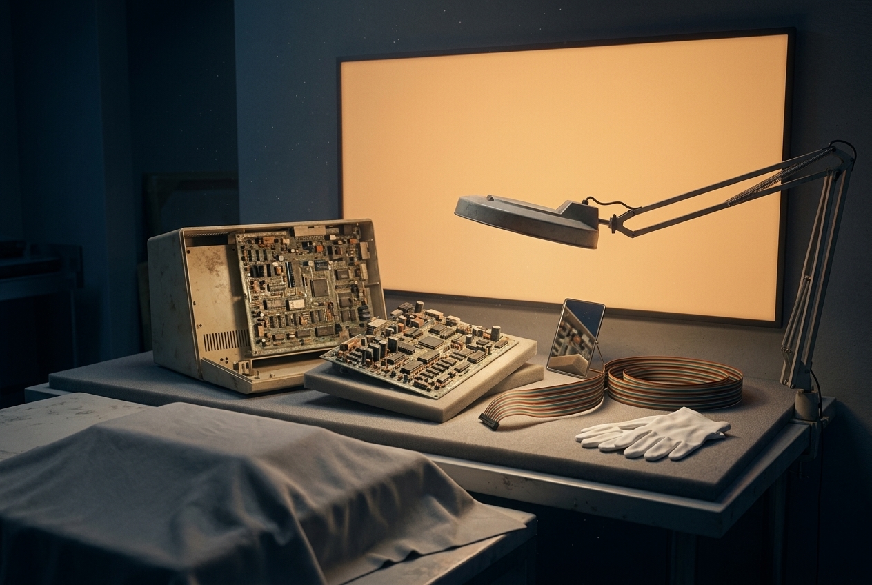 A museum conservation bench at night: an opened beige 1980s computer housing with its board lifted onto a padded cradle, a second board on archival foam, ribbon cable, white cotton gloves and an inspection mirror, lit by a task lamp against a large blank amber panel on the wall.