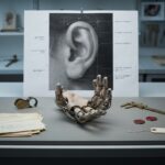 A conservator's examination table under cold light: a tendon-driven robotic hand laid palm-up on archival board among a loupe, brass calipers, wax seals and yellowed provenance papers, with a large annotated print of a painted human earlobe pinned upright behind it.