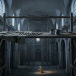 A dim baroque church interior at dusk. A tall wooden scaffold stands empty before a blank plaster ceiling, drop cloths, brushes, pigment pots and coiled rope left on its platform; far below, a small painted panel leans against a chair in a shaft of warm light.