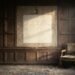A panelled country-house hall in late afternoon light, empty but for a chair, with a pale unfaded rectangle of damask on the wall where a very large portrait hung for over a century, and a single empty brass picture hook above it.