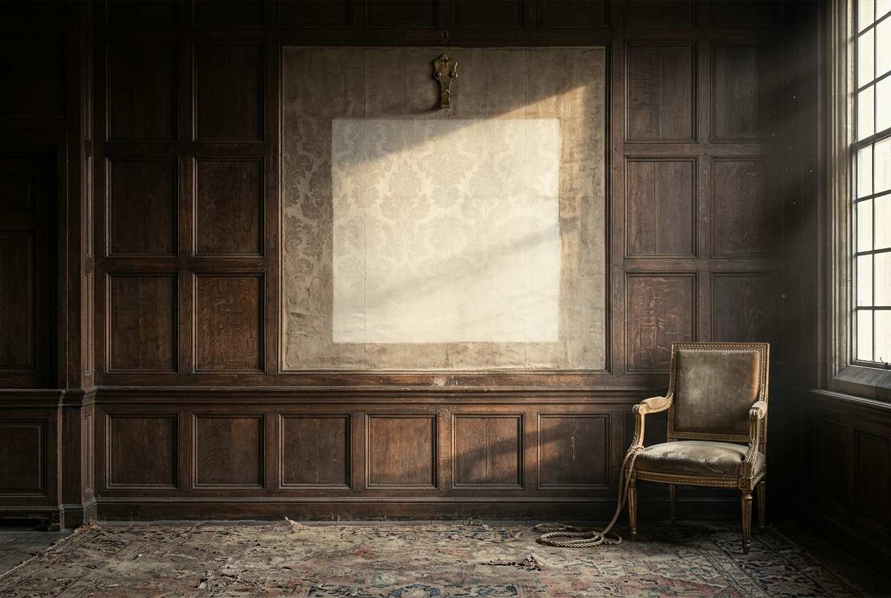 A panelled country-house hall in late afternoon light, empty but for a chair, with a pale unfaded rectangle of damask on the wall where a very large portrait hung for over a century, and a single empty brass picture hook above it.