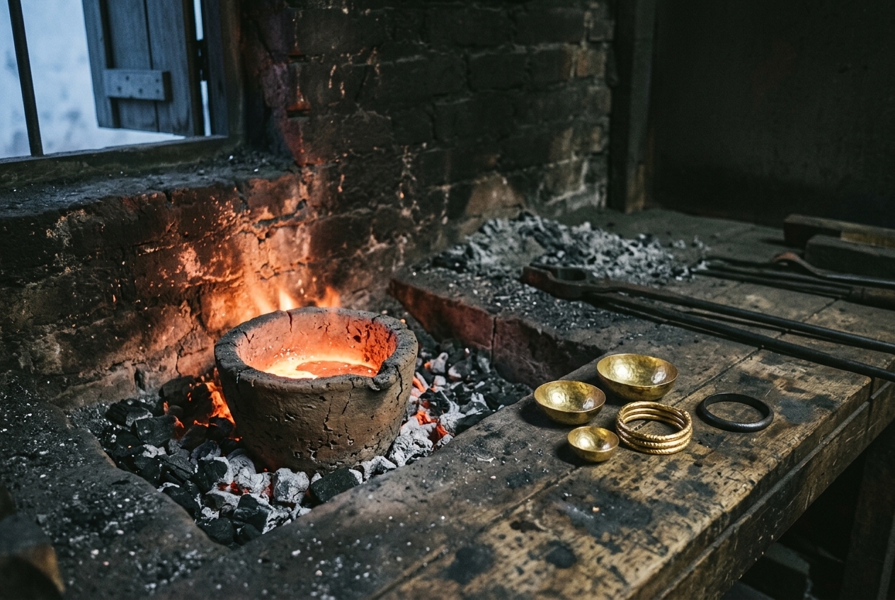 A clay crucible of molten metal glowing in a bed of charcoal in a dark workshop, with three hammered gold bowls, a coil of gold bracelets and one dull iron bracelet waiting on the bench beside it.