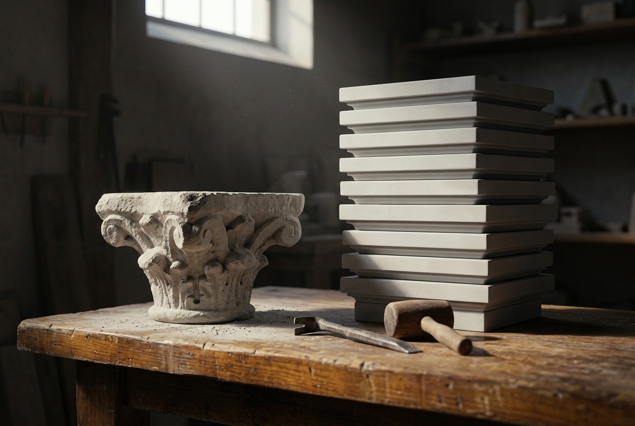 A stonemason's bench in raking daylight: on the left a single hand-carved limestone capital with irregular foliage and visible chisel marks, on the right a tall stack of identical machine-smooth cast plaster slabs, with a chisel and mallet lying between them.