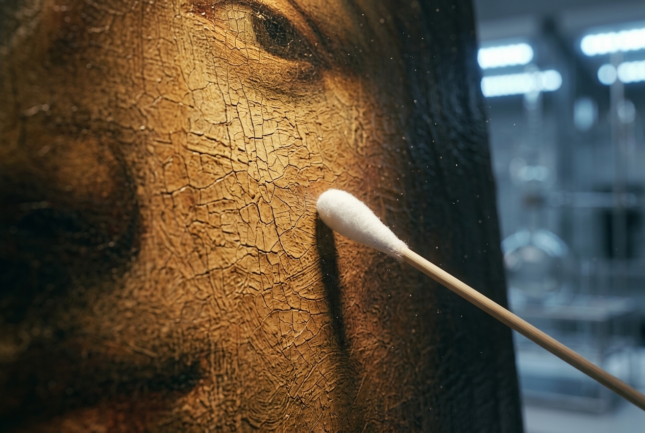 Extreme close-up of the cracked, golden varnished surface of an old oil painting, lit from the left, with the white cotton tip of a sampling swab resting against it; blurred laboratory glassware and cold lamps behind.