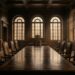 An empty, dim wood-panelled chamber at dusk, somewhere between a courtroom and a hearing room: a long polished table flanked by rows of vacant high-backed chairs, an empty raised seat at the head, and tall arched windows casting low amber light across a bare floor.