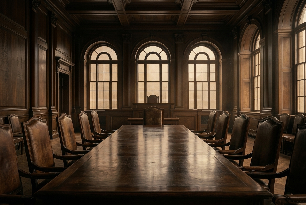 An empty, dim wood-panelled chamber at dusk, somewhere between a courtroom and a hearing room: a long polished table flanked by rows of vacant high-backed chairs, an empty raised seat at the head, and tall arched windows casting low amber light across a bare floor.