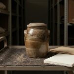 A single glazed stoneware storage jar and a small stack of blank paper on a museum handling cart in a quiet storage room.