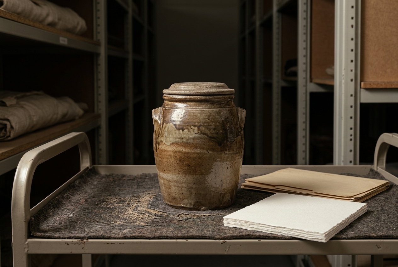 A single glazed stoneware storage jar and a small stack of blank paper on a museum handling cart in a quiet storage room.