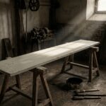 A long blank signboard, freshly primed and unlettered, lying across trestles in a dim workshop with a tin of black paint and unused brushes on the floor beside it.