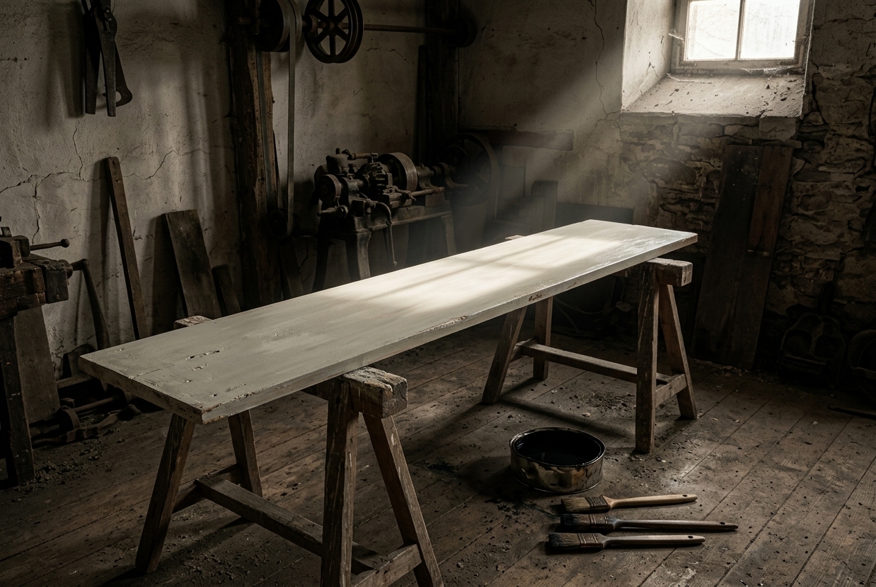 A long blank signboard, freshly primed and unlettered, lying across trestles in a dim workshop with a tin of black paint and unused brushes on the floor beside it.