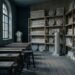 The cast room of a nineteenth-century drawing school at dusk: shelves of white plaster casts of architectural ornament above empty wooden benches, with a single plaster torso standing turned to face the wall in the shadowed corner.