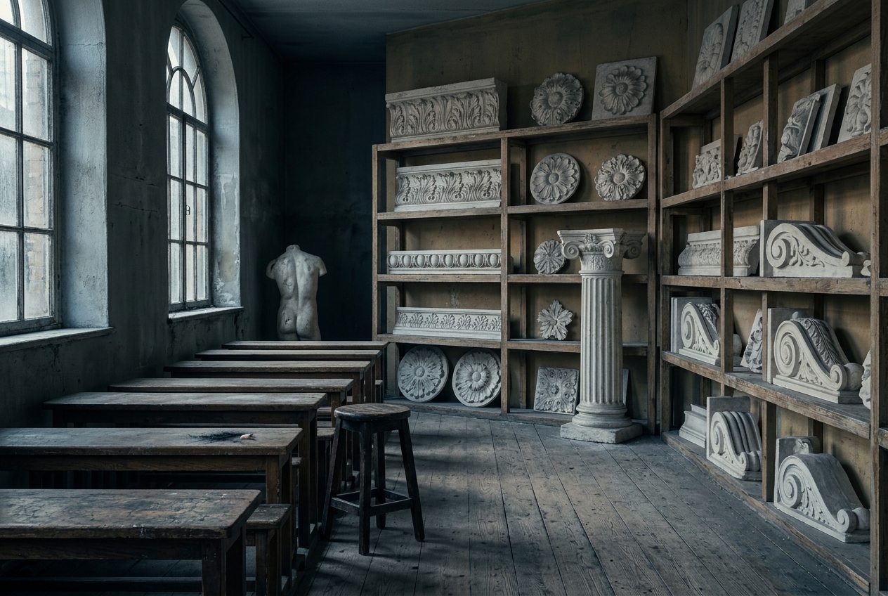 The cast room of a nineteenth-century drawing school at dusk: shelves of white plaster casts of architectural ornament above empty wooden benches, with a single plaster torso standing turned to face the wall in the shadowed corner.