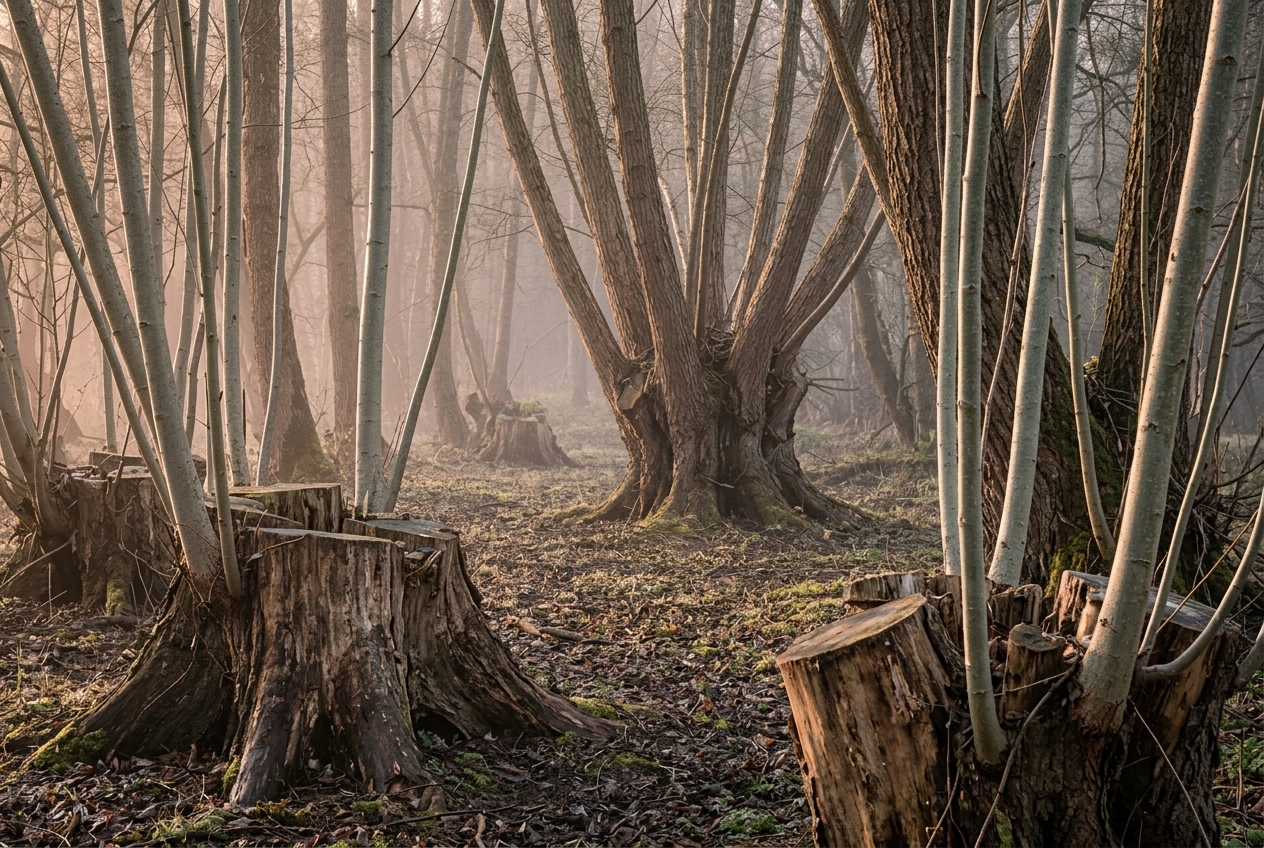 A misty coppiced woodland at dawn: old multi-trunked stools fan upward from wide cut bases in the middle distance, while fresh pale shoots rise from several newly cut stumps in the foreground.