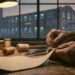 A leather artisan hand-stitches a bag panel by lamplight at a workbench; through the window behind, a dimly lit industrial building stands at dusk.