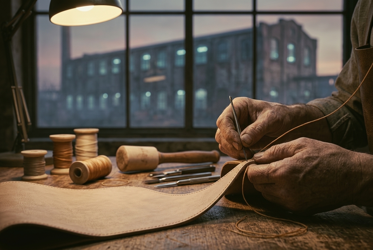 A leather artisan hand-stitches a bag panel by lamplight at a workbench; through the window behind, a dimly lit industrial building stands at dusk.