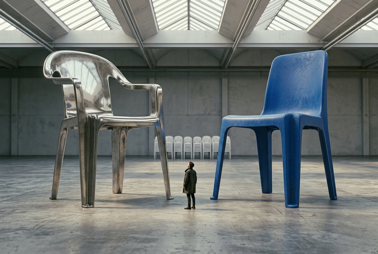 Two enormous stackable garden chairs, one polished steel and one matte blue, stand in an empty exhibition hall with a tiny figure looking up between them.