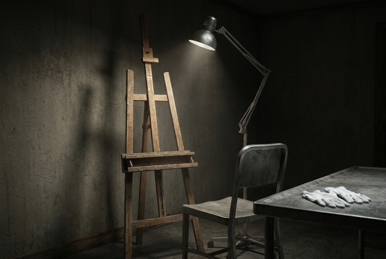 An empty wooden easel and an unoccupied metal chair under a single bright inspection lamp in a dark room, with white cotton gloves lying on a bare steel table.