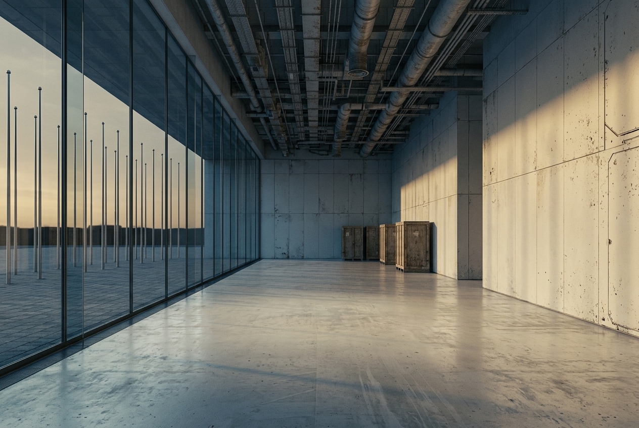 An empty modern exhibition hall at dusk: bare concrete walls with nothing hung on them, a polished pale floor, several closed wooden shipping crates against the far wall, and beyond a tall glass wall a long row of slender bare flagpoles standing empty in a paved forecourt under a low amber sky.