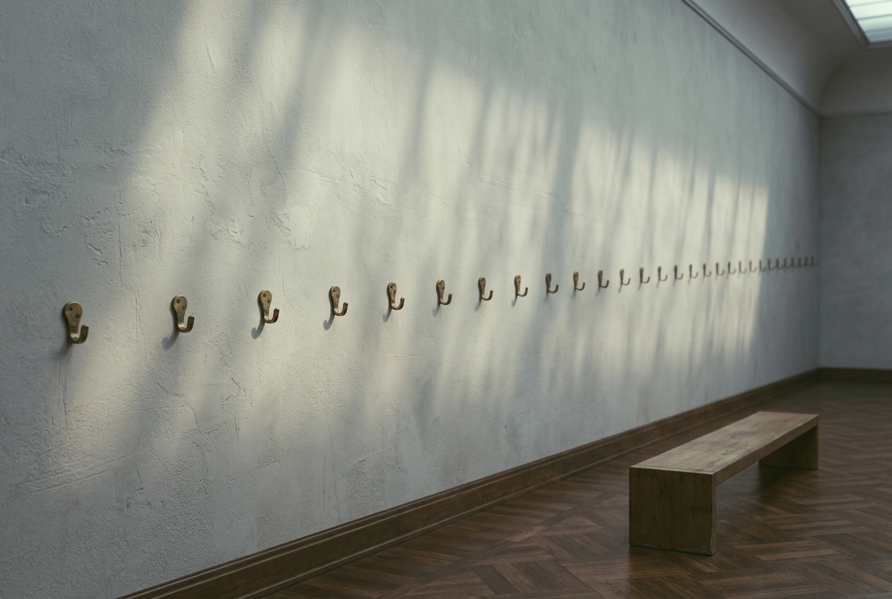 A long empty museum gallery wall in raking daylight, fitted with a single receding row of small bare brass picture hooks at even intervals; nothing hangs on them, there are no labels, and a plain wooden bench stands on the parquet floor.
