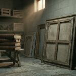 A dim museum storage depot in raking daylight: a large framed painting turned to face the wall showing only its blank canvas back and wooden stretcher bars, an empty frame leaning beside it, and a stack of closed leather-bound ledgers on a trestle.