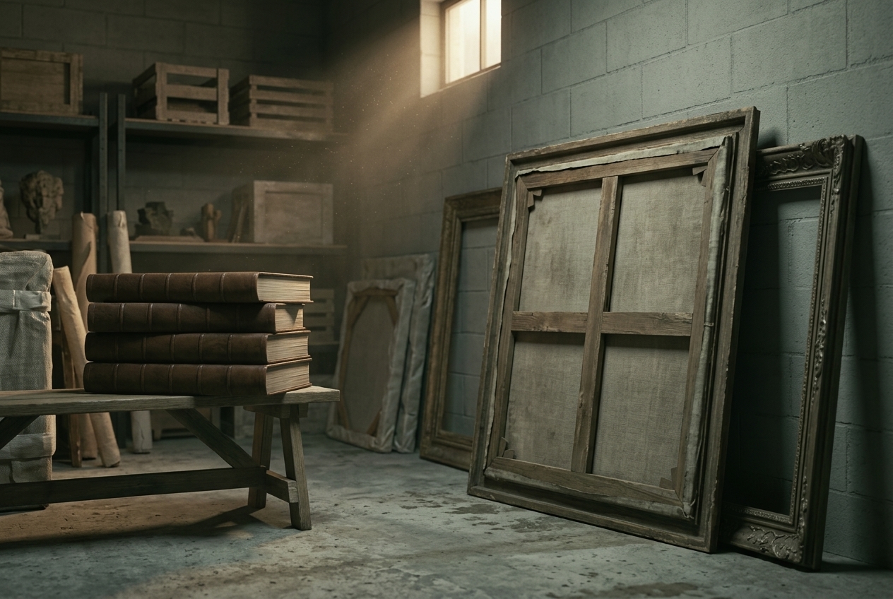 A dim museum storage depot in raking daylight: a large framed painting turned to face the wall showing only its blank canvas back and wooden stretcher bars, an empty frame leaning beside it, and a stack of closed leather-bound ledgers on a trestle.