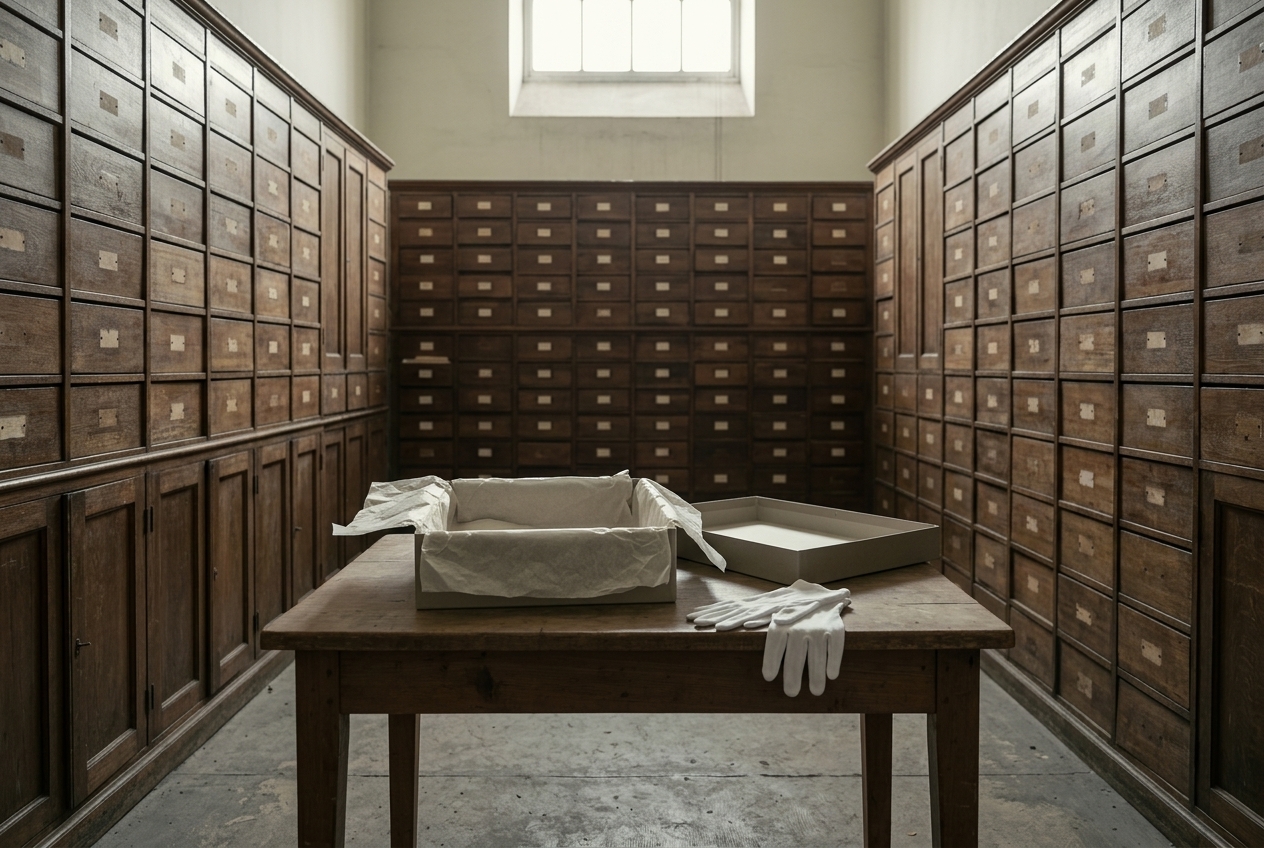 An empty archival storage box lined with acid-free tissue sits open on a plain table in a museum collections room, flanked by white cotton handling gloves, with rows of old wooden specimen drawers lining the walls under a high window.