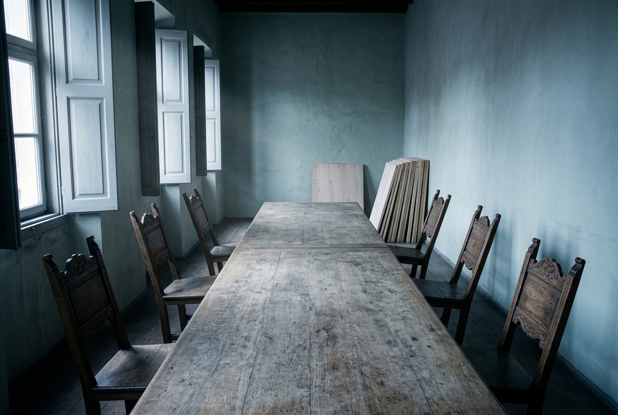 An empty guild meeting hall: a long bare oak table with carved wooden chairs pushed back at uneven angles, half-open shutters letting in cold daylight, and a stack of blank unfinished wooden painting panels leaning against the far wall.