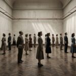 Fourteen visitors in early-1950s dress stand apart on the parquet floor of a bare museum hall, each wearing headphones wired to a portable receiver at the hip, every head turned to exactly the same angle toward the same empty wall.