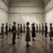 Fourteen visitors in early-1950s dress stand apart on the parquet floor of a bare museum hall, each wearing headphones wired to a portable receiver at the hip, every head turned to exactly the same angle toward the same empty wall.