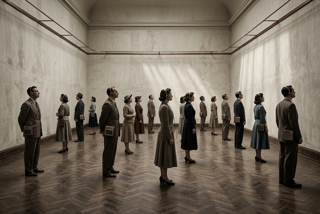 Fourteen visitors in early-1950s dress stand apart on the parquet floor of a bare museum hall, each wearing headphones wired to a portable receiver at the hip, every head turned to exactly the same angle toward the same empty wall.