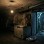 A backstage museum storage room at night: a humming chest freezer under a bare bulb, dust-sheeted shapes on shelving, and a drip tray catching condensation, while through an open door an overgrown eighteenth-century garden hermitage stands empty, its rough robe hanging on a peg.