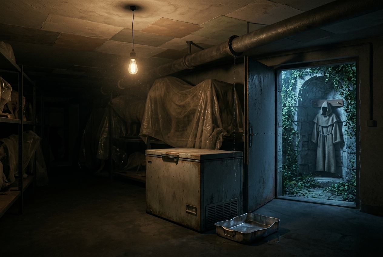 A backstage museum storage room at night: a humming chest freezer under a bare bulb, dust-sheeted shapes on shelving, and a drip tray catching condensation, while through an open door an overgrown eighteenth-century garden hermitage stands empty, its rough robe hanging on a peg.