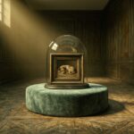 A single small framed painting of a sleeping dog displayed alone under a raised glass dome on a velvet pedestal, in a dim, empty wood-panelled room lit by one shaft of window light.