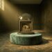 A single small framed painting of a sleeping dog displayed alone under a raised glass dome on a velvet pedestal, in a dim, empty wood-panelled room lit by one shaft of window light.