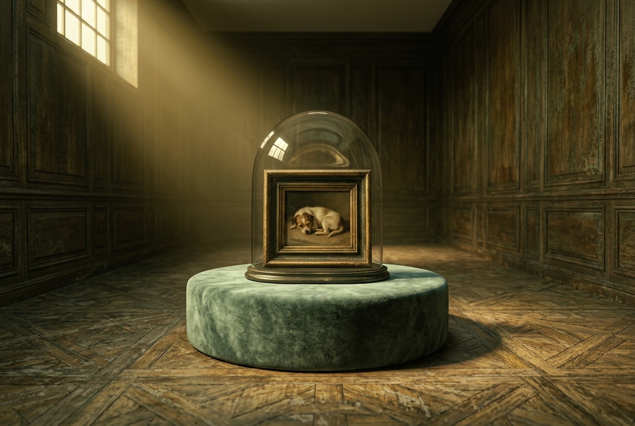 A single small framed painting of a sleeping dog displayed alone under a raised glass dome on a velvet pedestal, in a dim, empty wood-panelled room lit by one shaft of window light.