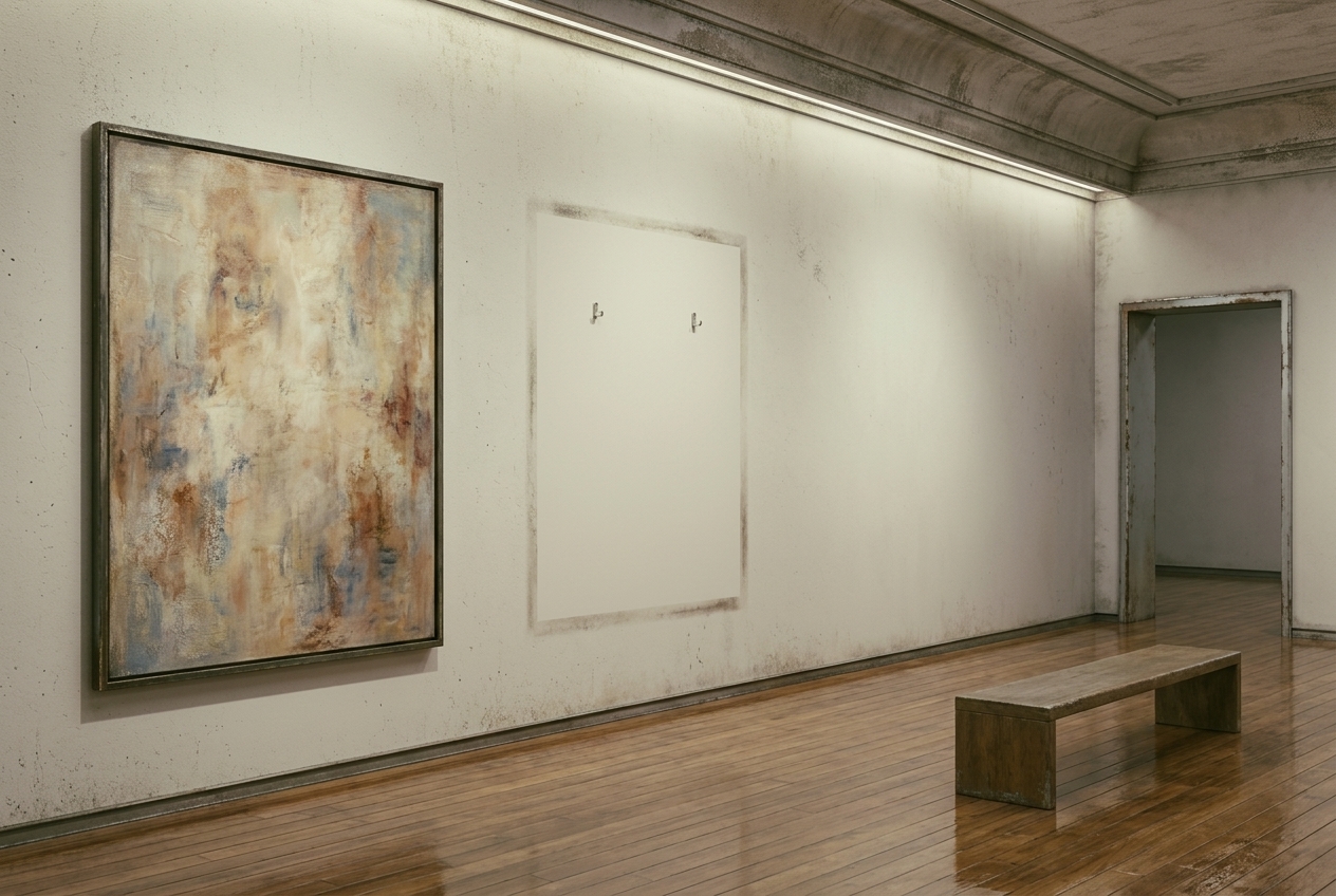 An empty museum gallery: one large abstract painting hangs on a pale wall, and beside it at the same height a clean rectangle of unfaded wall with two bare picture hooks where a painting of the same size hung for decades.