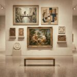 A hushed, empty museum gallery hung with a classical mythological painting, a wordless illustrated adventure panel, an abstract collage, and small carved reliefs, all grouped closely together with no wall labels or placards anywhere.