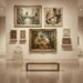 A hushed, empty museum gallery hung with a classical mythological painting, a wordless illustrated adventure panel, an abstract collage, and small carved reliefs, all grouped closely together with no wall labels or placards anywhere.