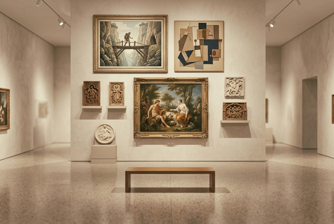 A hushed, empty museum gallery hung with a classical mythological painting, a wordless illustrated adventure panel, an abstract collage, and small carved reliefs, all grouped closely together with no wall labels or placards anywhere.