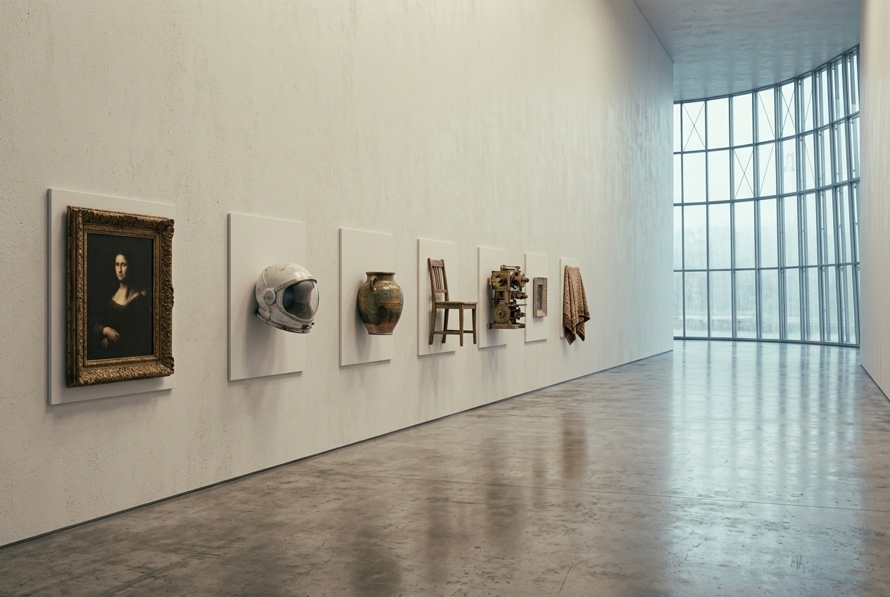 A long pale museum wall on which unlike objects — an old framed portrait, a white helmet, a ceramic jar, a wooden chair, a metal machine part, a folded textile — hang in one evenly spaced row at identical height, with no labels.