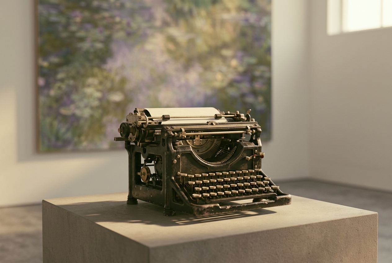 A worn antique typewriter alone on a plinth in a museum gallery, an out-of-focus impressionist garden painting in greens and violets on the wall behind it, warm window light, no people.
