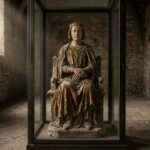 A weathered wooden-and-wax funeral effigy of a robed medieval monarch seated in a glass display case in a dim, empty stone abbey gallery, lit by a single shaft of window light.