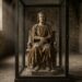 A weathered wooden-and-wax funeral effigy of a robed medieval monarch seated in a glass display case in a dim, empty stone abbey gallery, lit by a single shaft of window light.