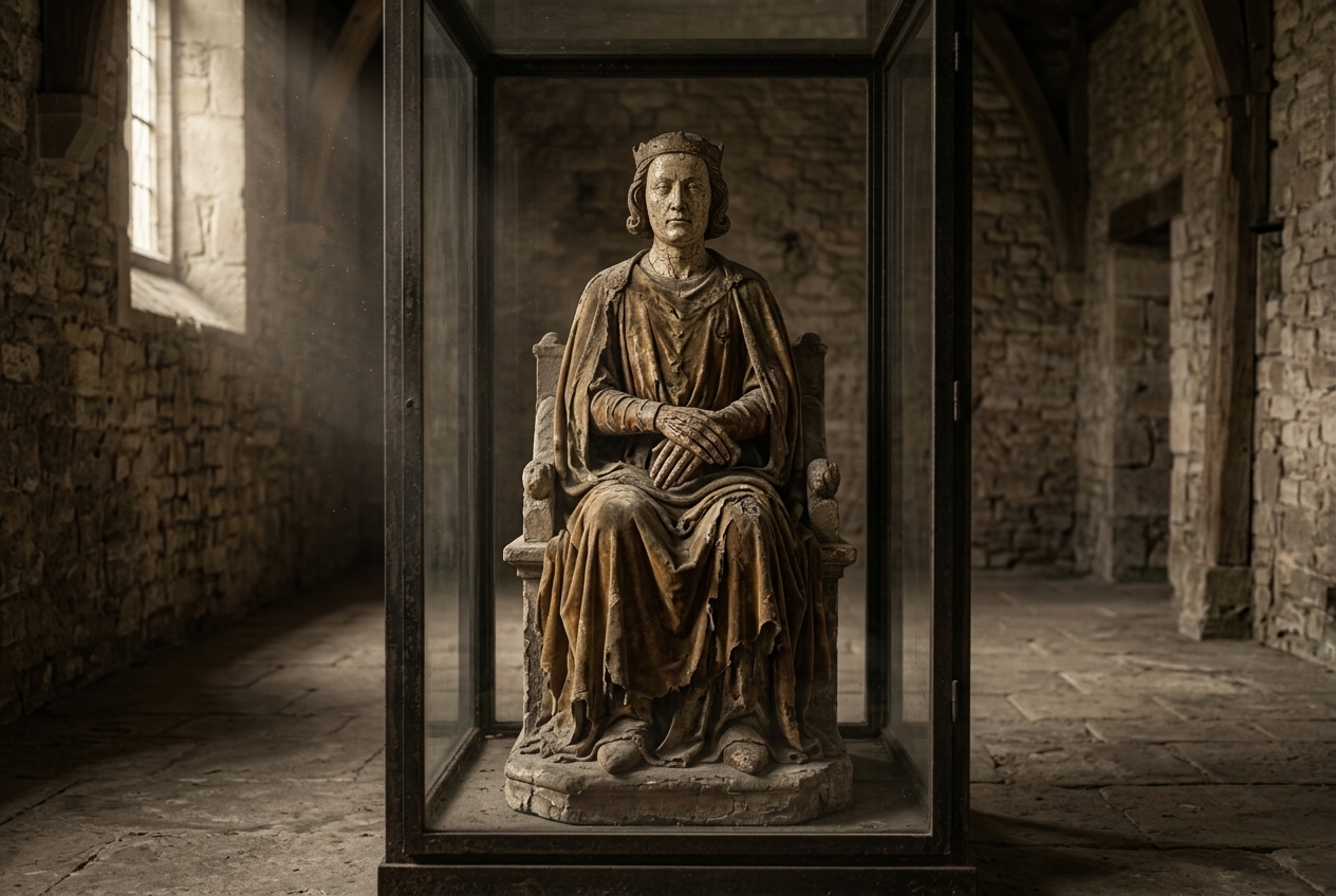 A weathered wooden-and-wax funeral effigy of a robed medieval monarch seated in a glass display case in a dim, empty stone abbey gallery, lit by a single shaft of window light.