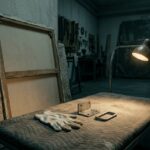 A worn white cotton glove lies beside a small metal art-handling bracket and grip on a padded trolley in a dim workshop, lit by a single work lamp, with a blank canvas leaning against the wall behind, no people present.