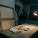 A worn white cotton glove lies beside a small metal art-handling bracket and grip on a padded trolley in a dim workshop, lit by a single work lamp, with a blank canvas leaning against the wall behind, no people present.