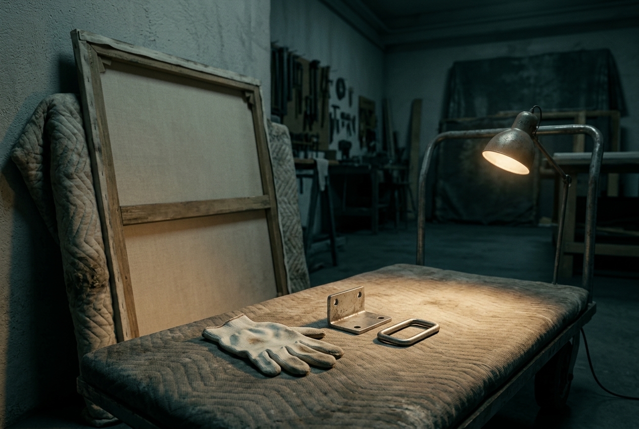 A worn white cotton glove lies beside a small metal art-handling bracket and grip on a padded trolley in a dim workshop, lit by a single work lamp, with a blank canvas leaning against the wall behind, no people present.