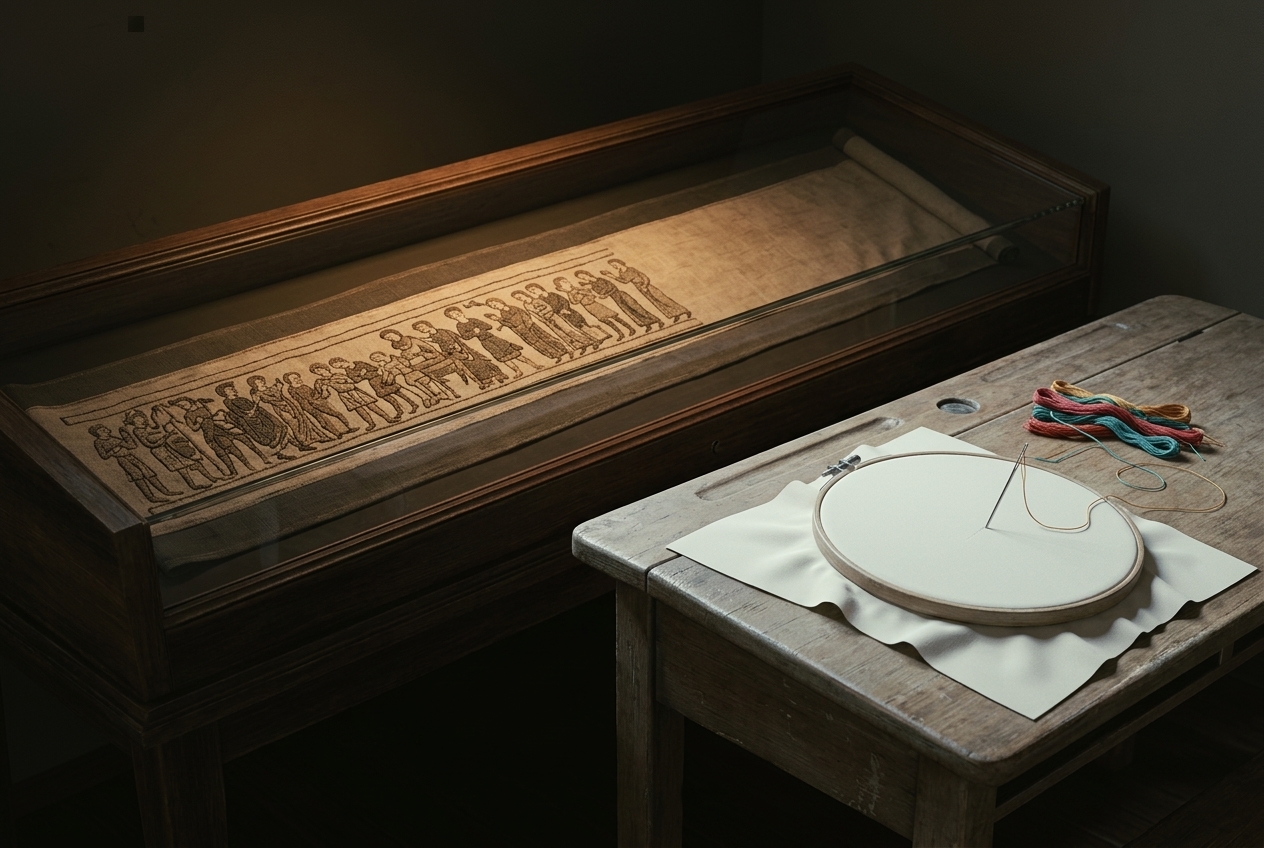A museum display case holds the Bayeux Tapestry mid-scene, its embroidered figures stopping partway across the linen while the rest of the roll continues on, blank. Beside the case, a wooden table holds an empty embroidery hoop, a needle, and skeins of colored thread, as if someone has just stepped away to begin their own ending.