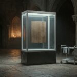 A sealed, softly lit glass and aluminium display case standing in a dark stone church interior, holding a plain blank wooden panel; a power cable runs from its base across the flagstones and an empty service trolley stands beside it.